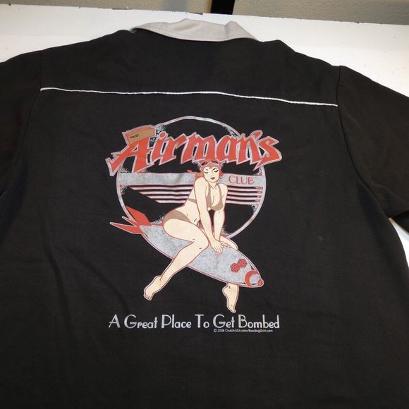 CRUISIN USA AIRMAN'S CLUB BOWLING Pin Up Girl SHIRT Sz L AIR FORCE BASE DIVE BAR - Picture 1 of 4